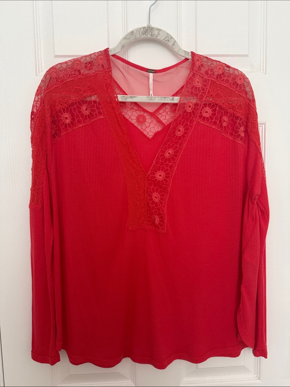 Free People Red Lace-Detail Long Sleeve V-Neck Top